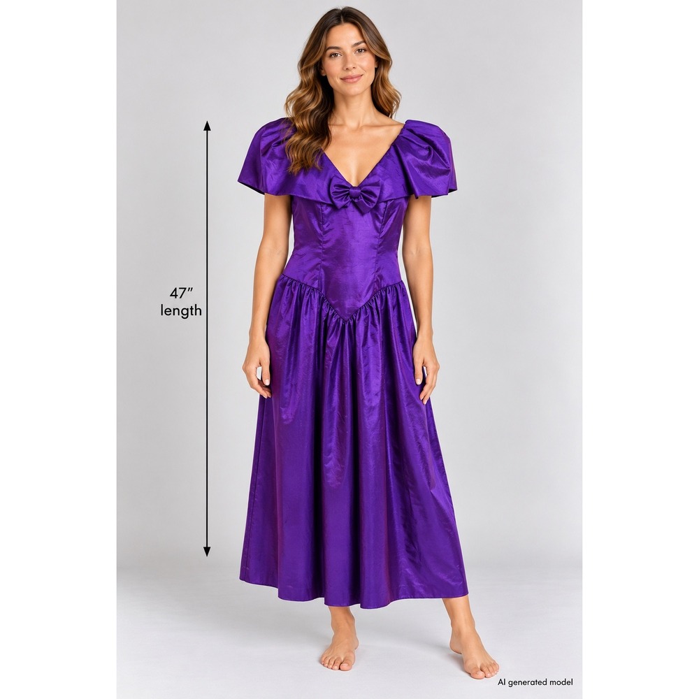 Vintage 80s Purple Taffeta Prom Dress Puff Sleeve Bow Dropped Waist USA 12
